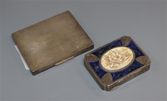 A modern silver cigarette case and one other 1930s continental white metal box with inset ivorine lid, largest 97mm.